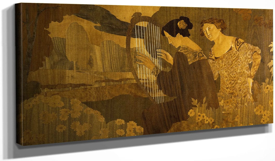 20" x 10" / Canvas Wrap Dues Noies Assegudes A La Vora De L'estany Cap A 1905 By Gaspar Homar Fine Art Print