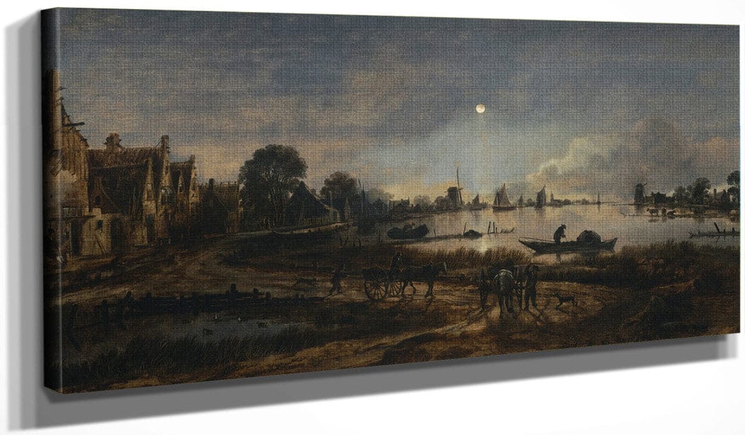20" x 10" / Canvas Wrap River View By Moonlight By Aert Van Der Neer Fine Art Print