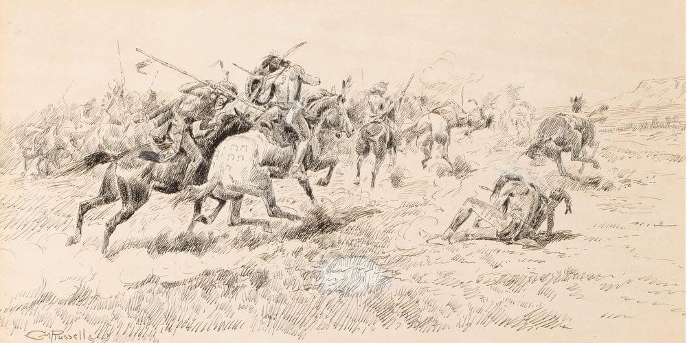 20" x 10" / Fine Art Paper Battle Between The Crows And Blackfeet By Charles Marion Russell Fine Art Print