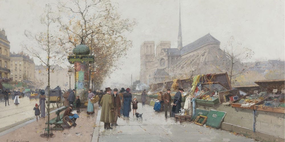 20" x 10" / Fine Art Paper Bouquinistes On Le Quai De Tournelle Paris By Eugene Galien Laloue Fine Art Print