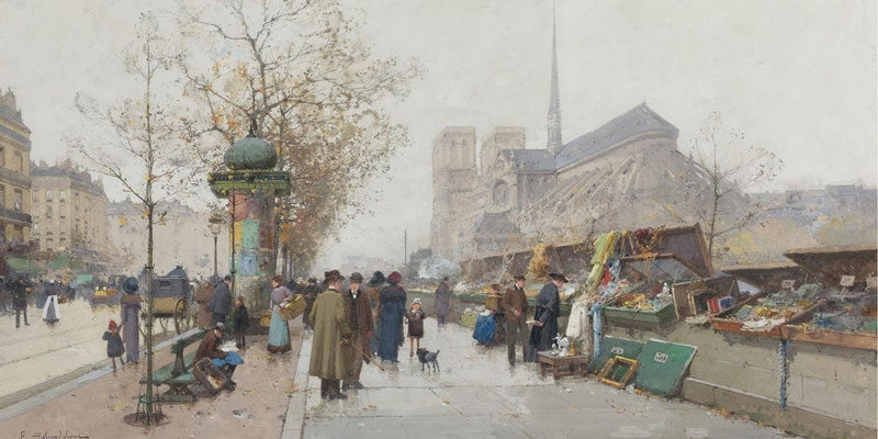 20" x 10" / Fine Art Paper Bouquinistes On Le Quai De Tournelle Paris By Eugene Galien Laloue Fine Art Print