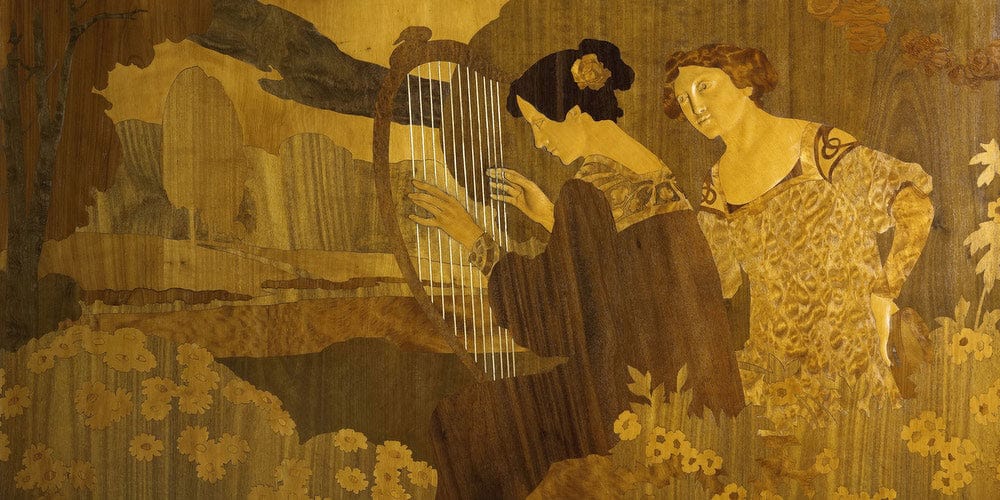 20" x 10" / Fine Art Paper Dues Noies Assegudes A La Vora De L'estany Cap A 1905 By Gaspar Homar Fine Art Print