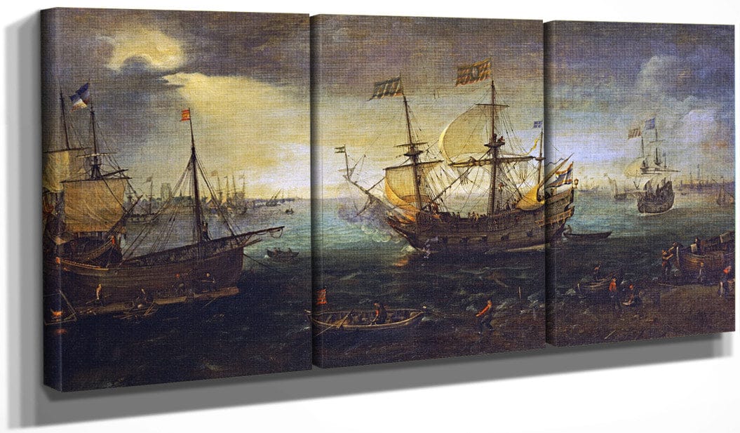 48" x 24" / Split Canvas 3 Master Firing A Saluted By Cornelis Claesz Van Wieringen Fine Art Print