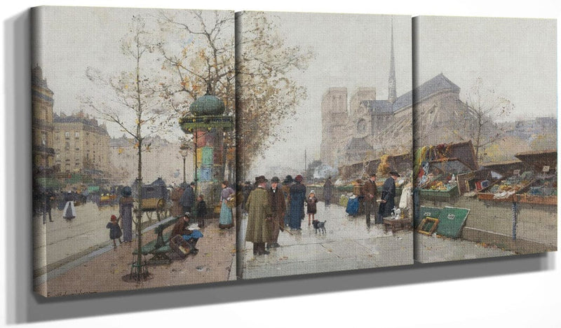48" x 24" / Split Canvas Bouquinistes On Le Quai De Tournelle Paris By Eugene Galien Laloue Fine Art Print