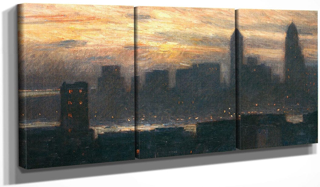 48" x 24" / Split Canvas Manhattan's Misty Sunset September By Childe Hassam Fine Art Print