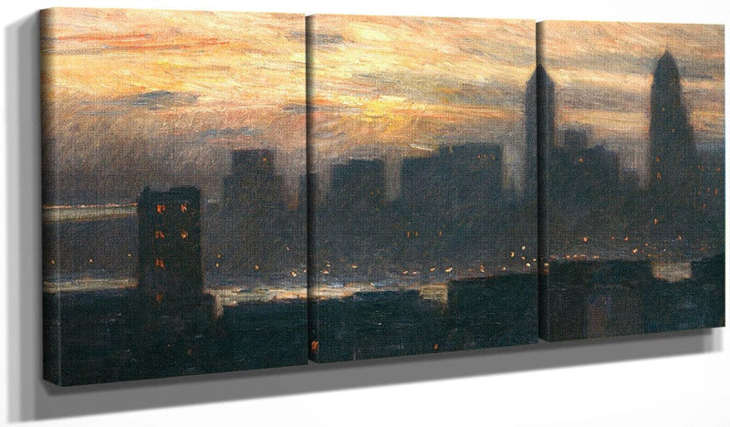 48" x 24" / Split Canvas Manhattan's Misty Sunset September By Childe Hassam Fine Art Print