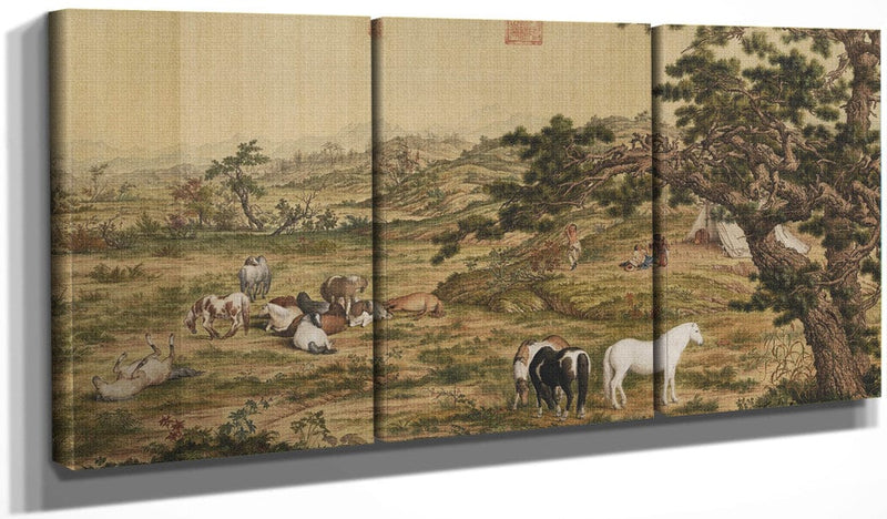 48" x 24" / Split Canvas One Hundred Horses Detail 5 1728 By Giuseppe Castiglione Fine Art Print