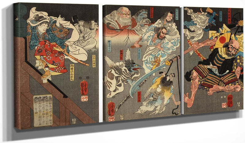 48" x 24" / Split Canvas Ushiwakamaru Fights Benkei On Gojo Bridge 1850 By Utagawa Kuniyoshi Fine Art Print