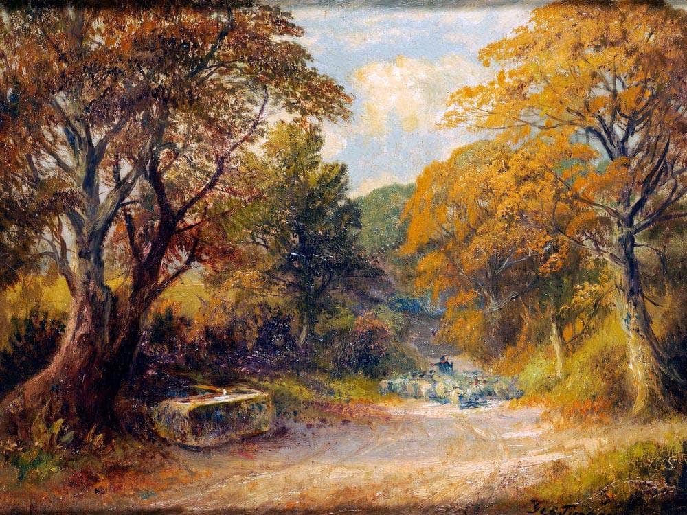 A Drover With Sheep On A Path In A Wooded Landscape By George Turner Fine Art Print