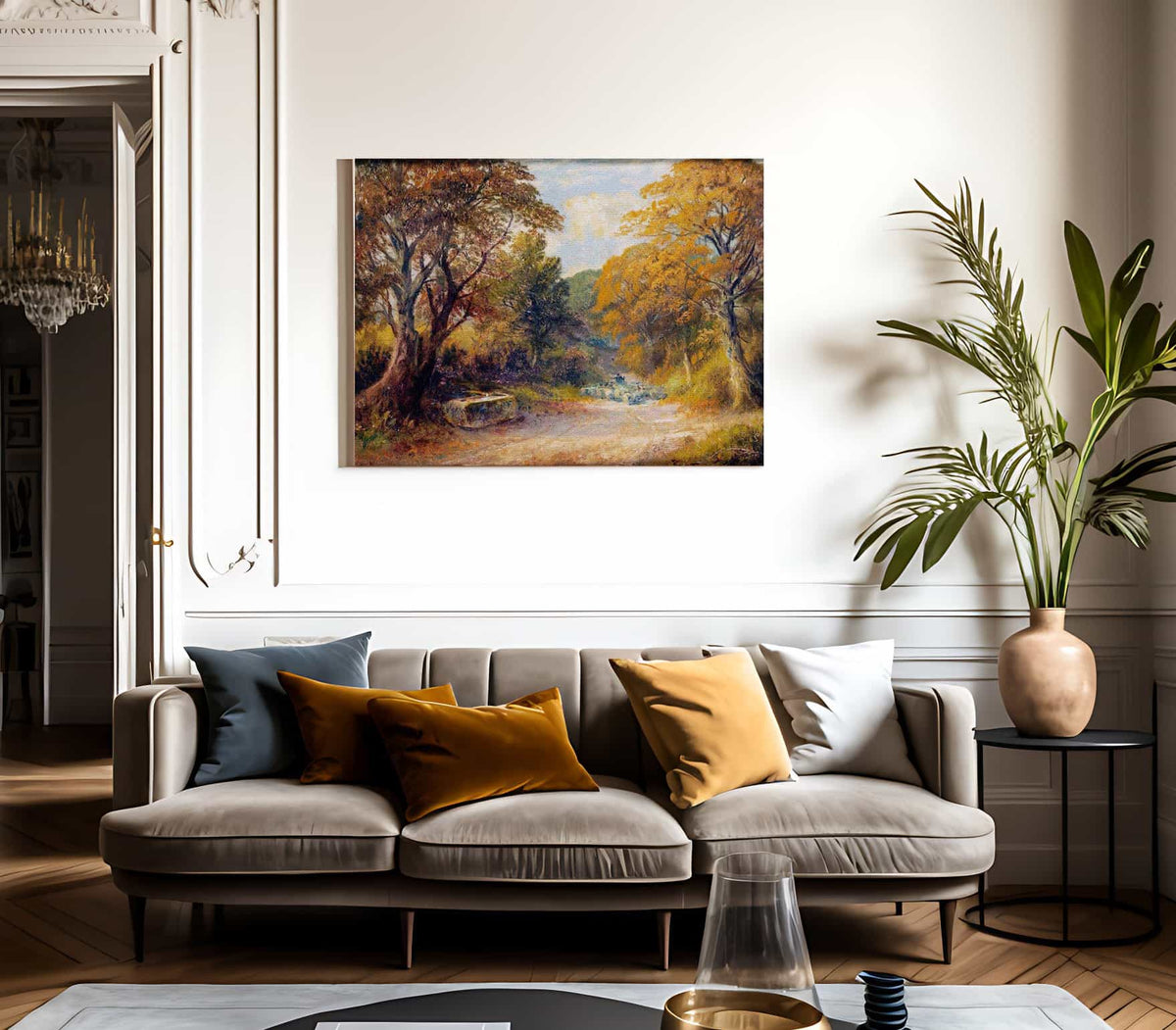 A Drover With Sheep On A Path In A Wooded Landscape By George Turner Fine Art Print