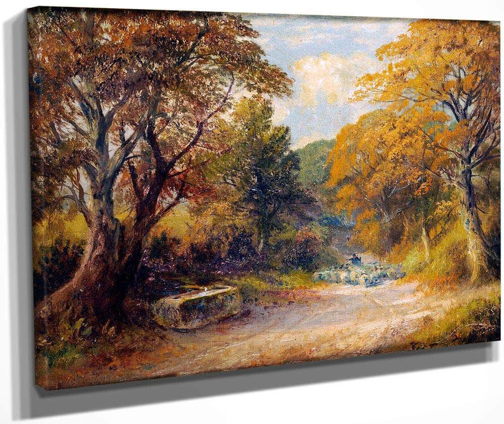 A Drover With Sheep On A Path In A Wooded Landscape By George Turner Fine Art Print