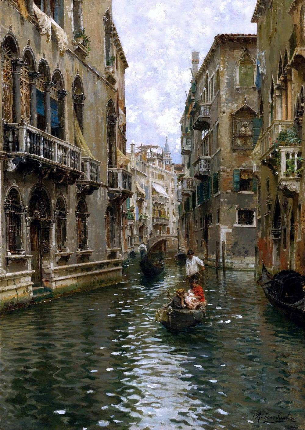 A Family Outing On A Venetian Canal Painting Rubens Santoro Canvas Art Fine Art Print