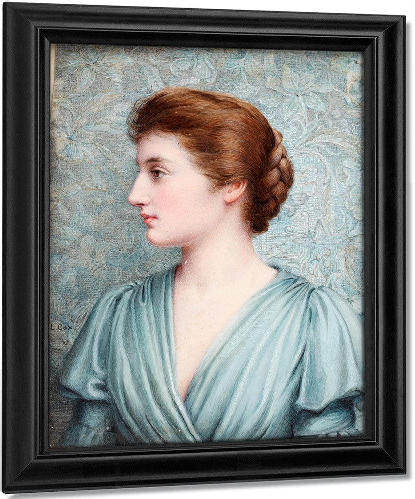 A Lady, In Profile To The Left Before An 'Arts And Crafts' Background, Wearing Duck Egg Blue Draped Dress With Bell Sleeves, Her Brown Hair Upswept And Plaited Into A Knot At The Back Of Her Head. Fine Art Print