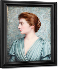 A Lady, In Profile To The Left Before An 'Arts And Crafts' Background, Wearing Duck Egg Blue Draped Dress With Bell Sleeves, Her Brown Hair Upswept And Plaited Into A Knot At The Back Of Her Head. Fine Art Print