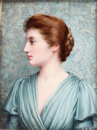 A Lady, In Profile To The Left Before An 'Arts And Crafts' Background, Wearing Duck Egg Blue Draped Dress With Bell Sleeves, Her Brown Hair Upswept And Plaited Into A Knot At The Back Of Her Head. Fine Art Print