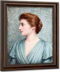 A Lady, In Profile To The Left Before An 'Arts And Crafts' Background, Wearing Duck Egg Blue Draped Dress With Bell Sleeves, Her Brown Hair Upswept And Plaited Into A Knot At The Back Of Her Head. Fine Art Print