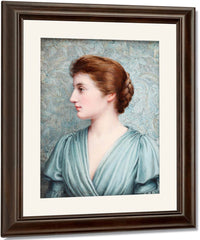 A Lady, In Profile To The Left Before An 'Arts And Crafts' Background, Wearing Duck Egg Blue Draped Dress With Bell Sleeves, Her Brown Hair Upswept And Plaited Into A Knot At The Back Of Her Head. Fine Art Print