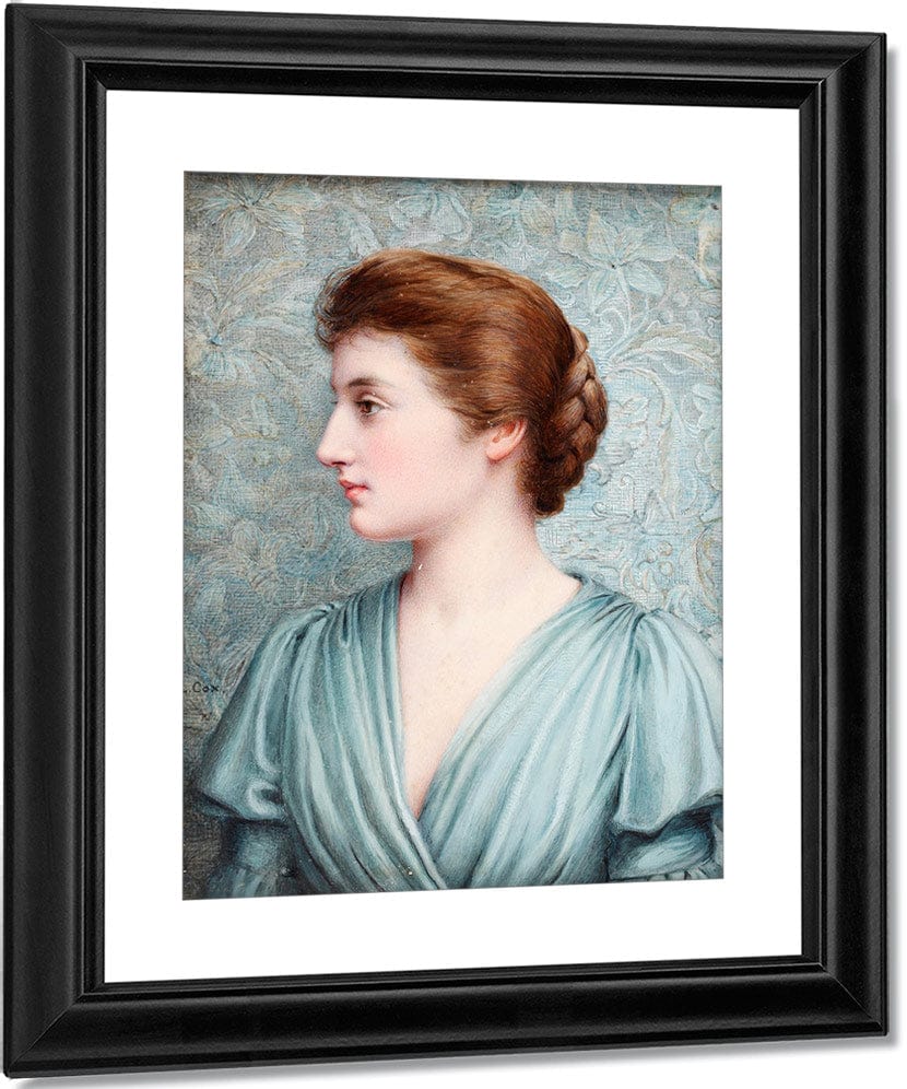 A Lady, In Profile To The Left Before An 'Arts And Crafts' Background, Wearing Duck Egg Blue Draped Dress With Bell Sleeves, Her Brown Hair Upswept And Plaited Into A Knot At The Back Of Her Head. Fine Art Print