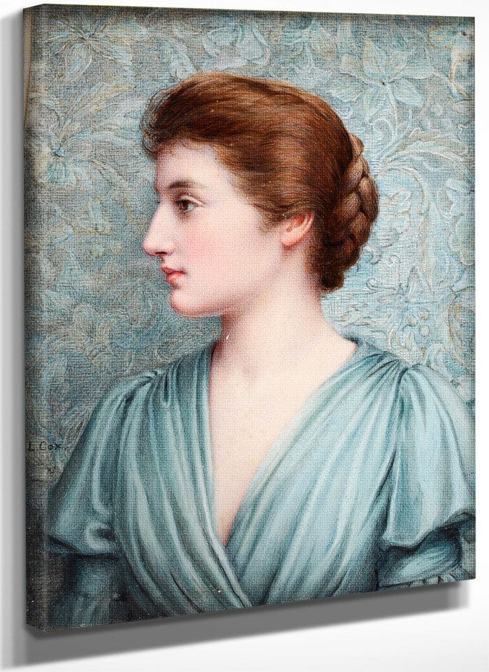 A Lady, In Profile To The Left Before An 'Arts And Crafts' Background, Wearing Duck Egg Blue Draped Dress With Bell Sleeves, Her Brown Hair Upswept And Plaited Into A Knot At The Back Of Her Head. Fine Art Print