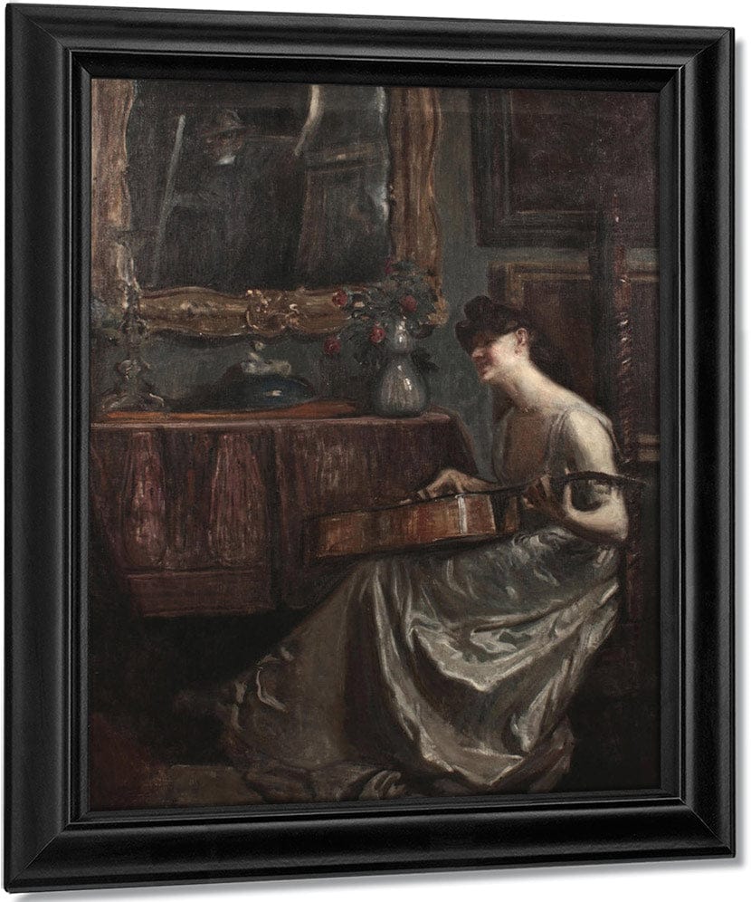 A Lady Playing A Guitar In A Music Room By Lajos Mark Fine Art Print