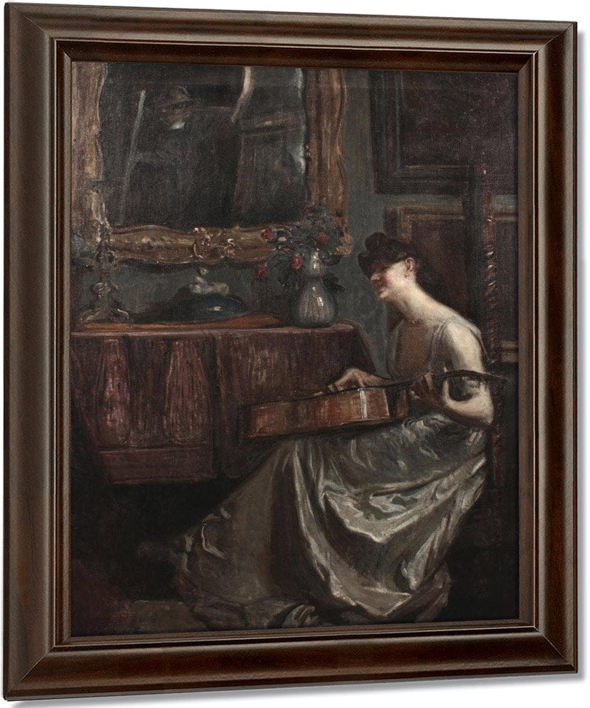 A Lady Playing A Guitar In A Music Room By Lajos Mark Fine Art Print