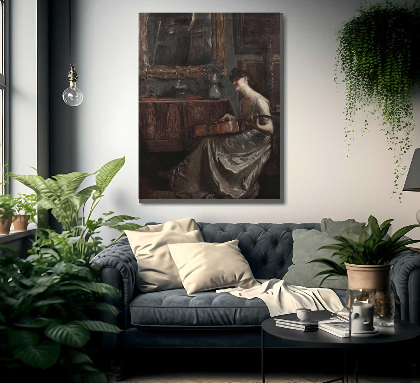 A Lady Playing A Guitar In A Music Room By Lajos Mark Fine Art Print