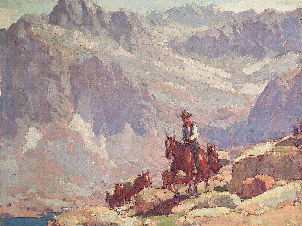 A Lone Rider Leading Pack Horses By A Sierra Lake By Edgar Payne Fine Art Print