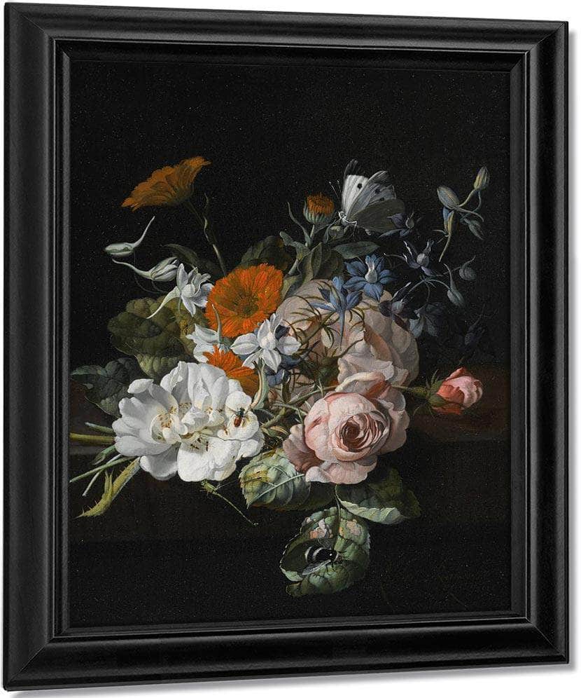 A Nosegay Of Roses Marigolds Larkspur And A Bumblebee 1695 By Rachel Ruysch Fine Art Print