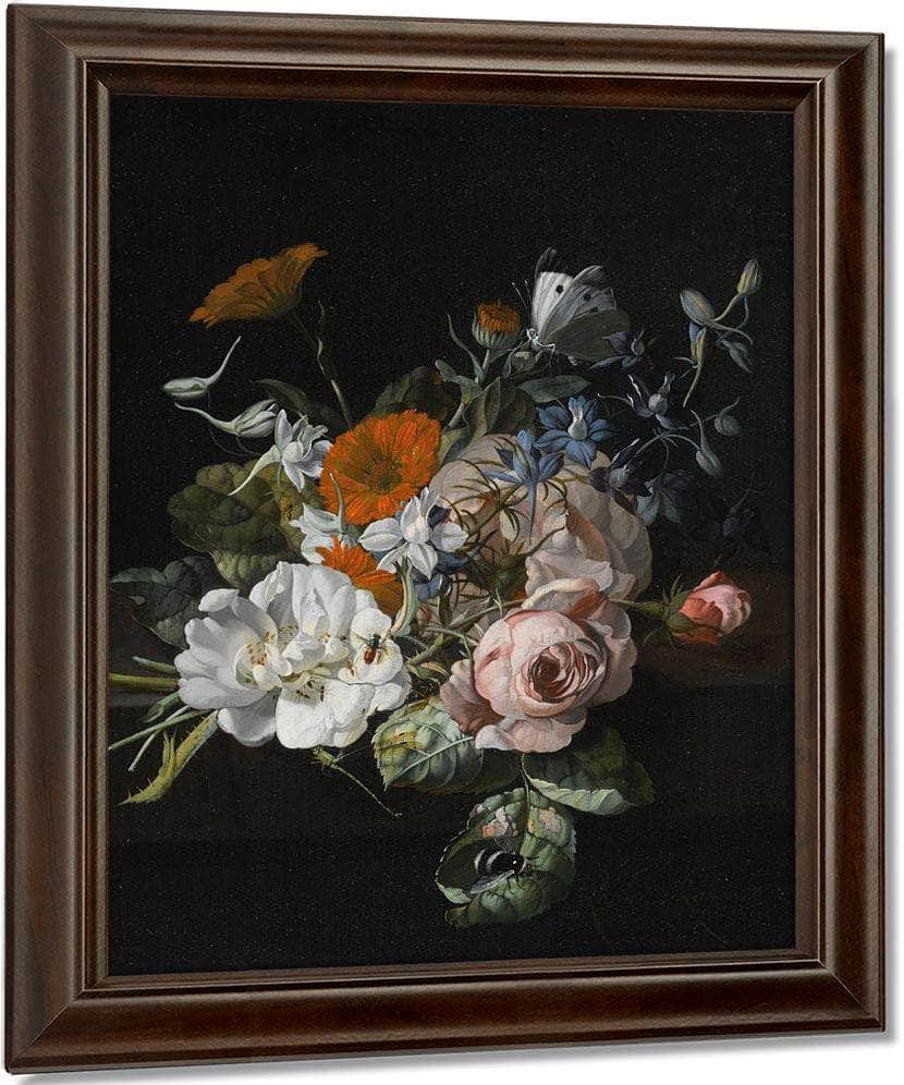A Nosegay Of Roses Marigolds Larkspur And A Bumblebee 1695 By Rachel Ruysch Fine Art Print
