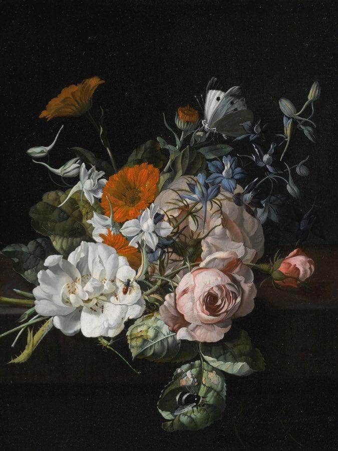 A Nosegay Of Roses Marigolds Larkspur And A Bumblebee 1695 By Rachel Ruysch Fine Art Print