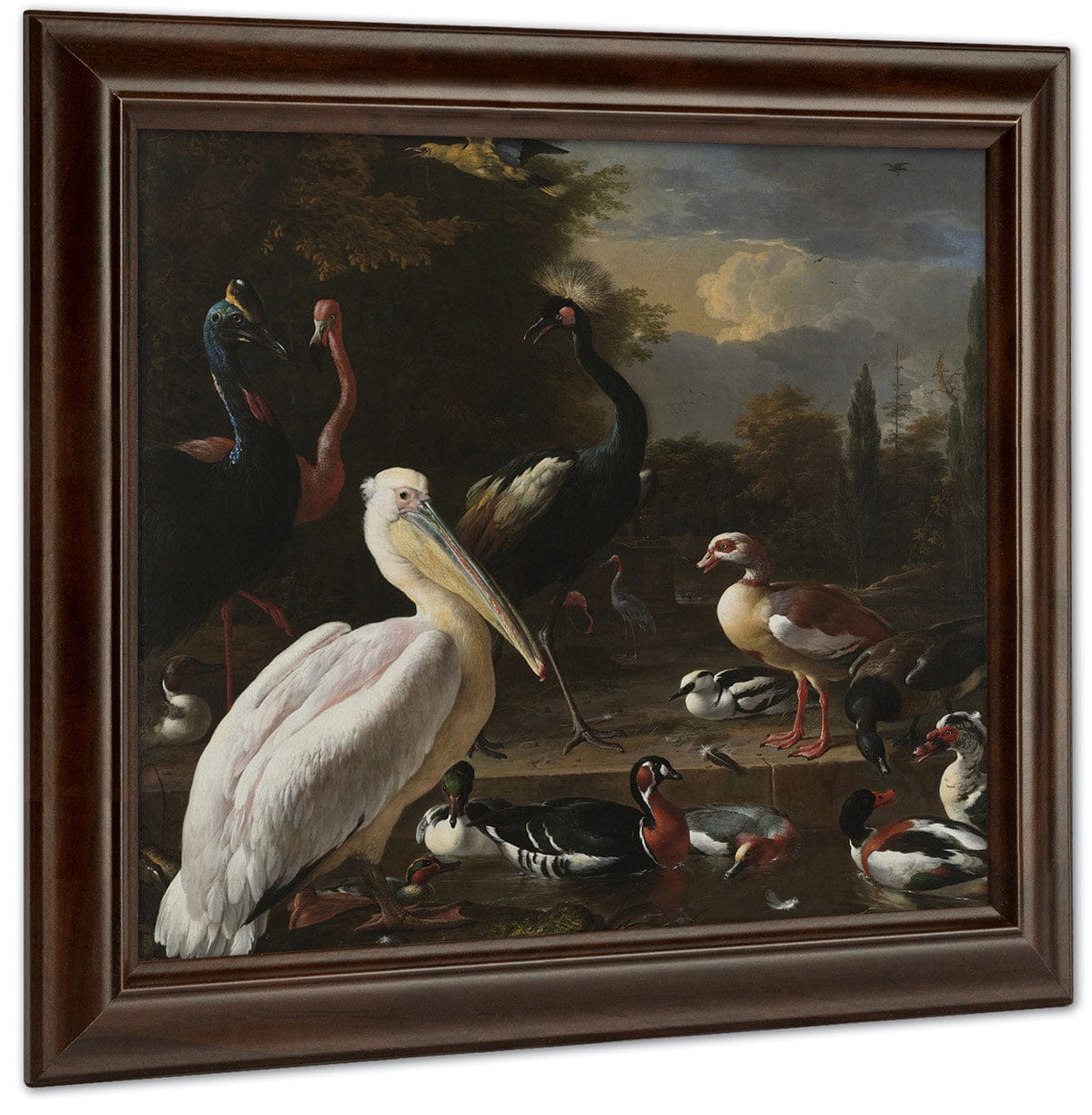 A Pelican And Other Birds Near A Pool Aka The Floating Feather By Melchior De Hondecoeter Fine Art Print