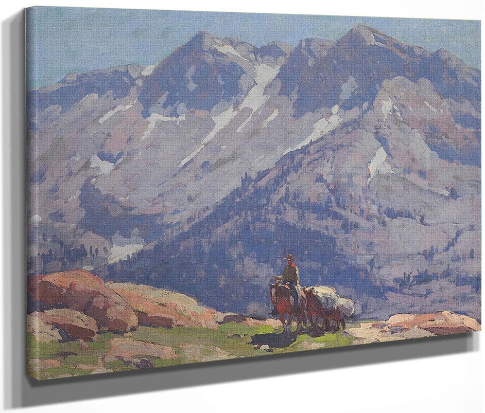A Rider With Packhorses In The Sierras; A Sierra Lake (Double Sided) By Edgar Payne Fine Art Print