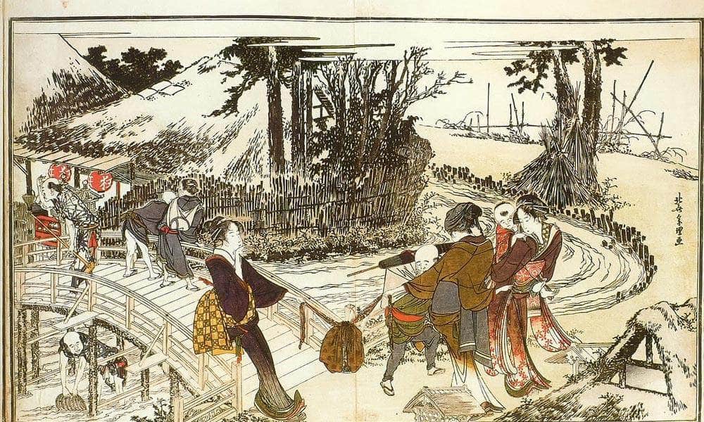 A Village By A Bridge By Hokusai Fine Art Print