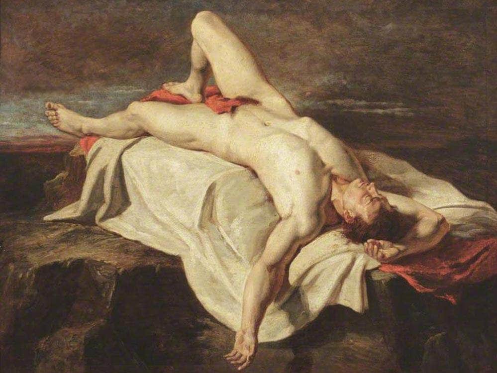 Academic Study Of A Male Nude Lying On A Shroud On Rocks By William Etty Fine Art Print