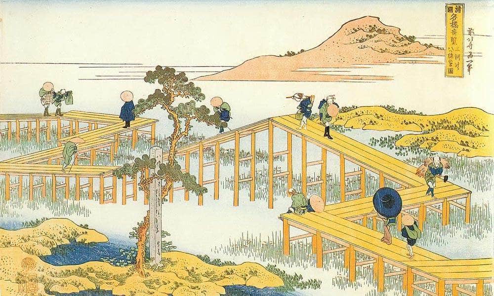 Admiring The Irises At Yatshuhashi By Hokusai Fine Art Print