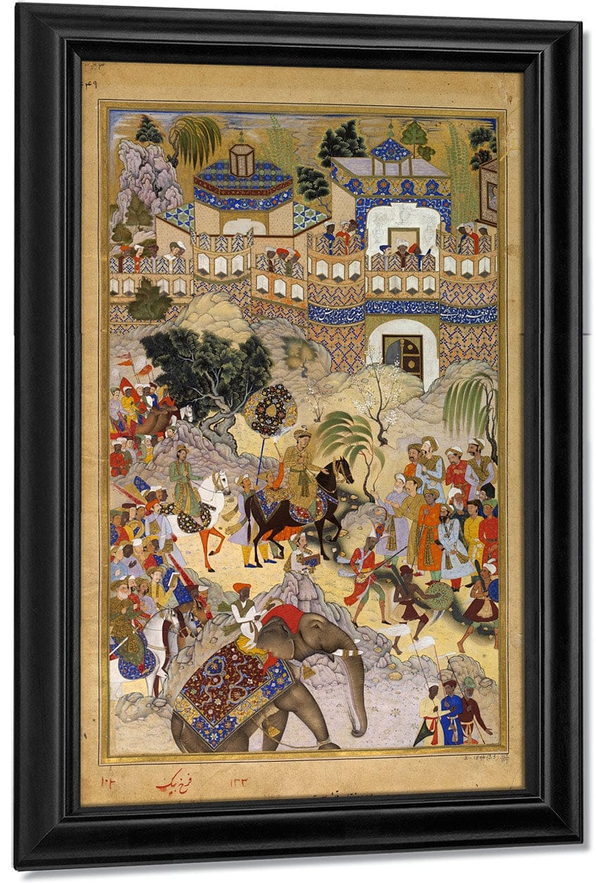 Akbars Triumphal Entry Into Surat Akbarnama 1590 By Farrukh Beg Fine Art Print