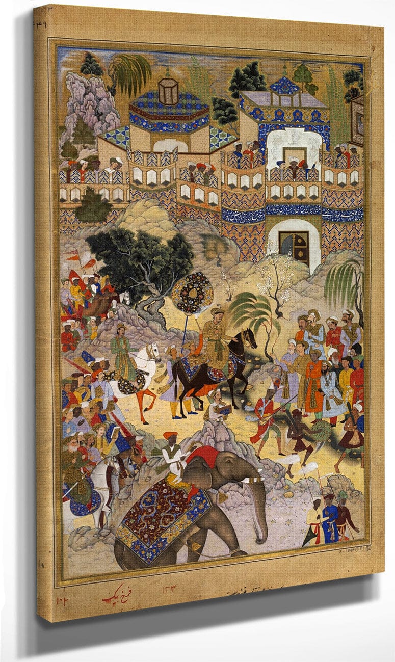 Akbars Triumphal Entry Into Surat Akbarnama 1590 By Farrukh Beg Fine Art Print