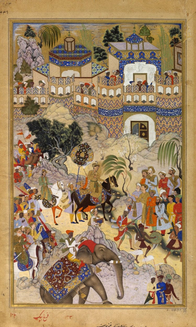 Akbars Triumphal Entry Into Surat Akbarnama 1590 By Farrukh Beg Fine Art Print