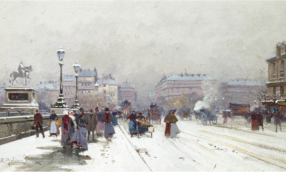 Animation Sur Le Pont Neuf Sous La Neige By Eugene Galien Laloue Fine Art Print