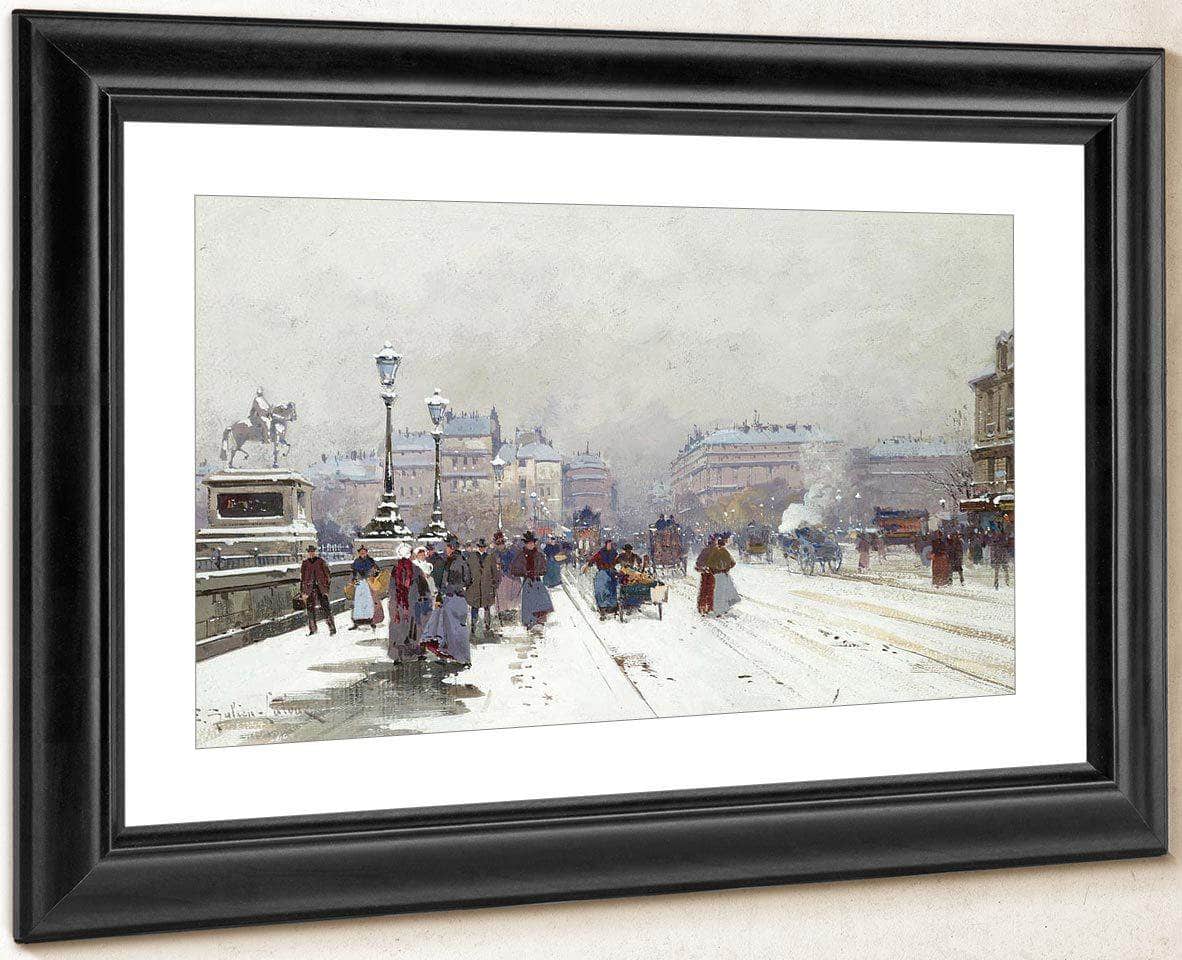 Animation Sur Le Pont Neuf Sous La Neige By Eugene Galien Laloue Fine Art Print