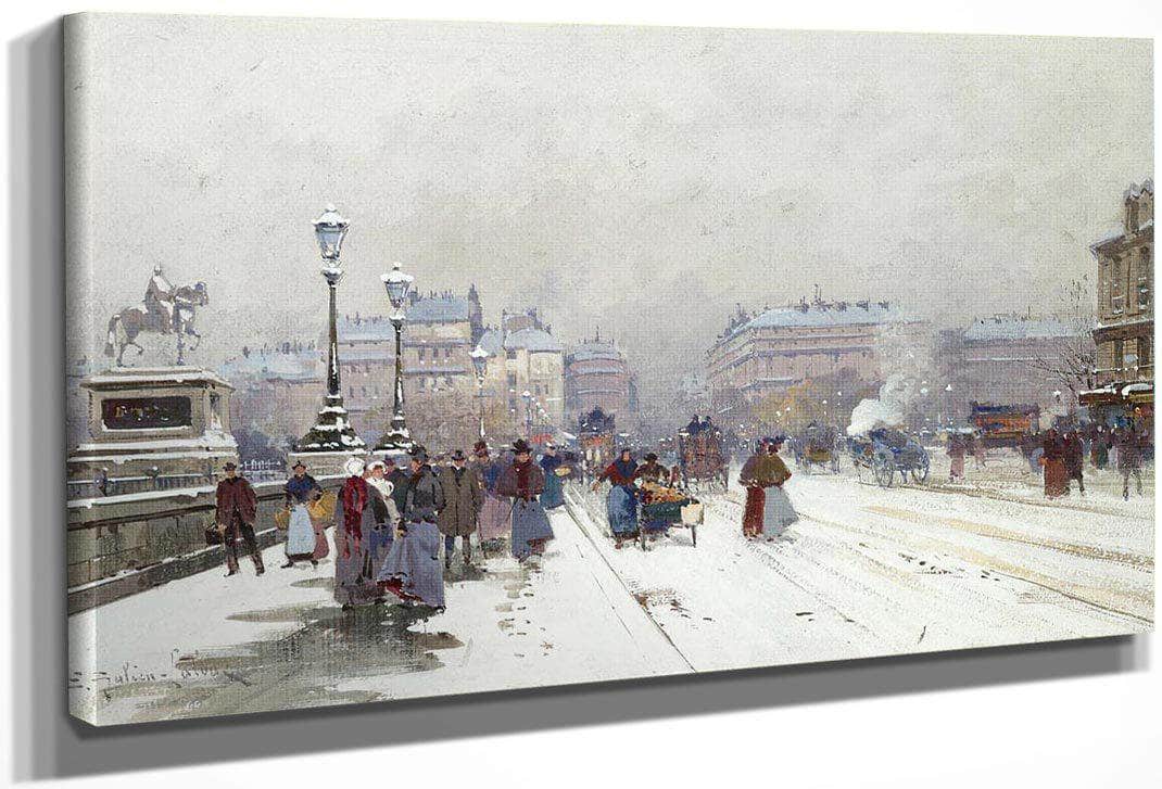 Animation Sur Le Pont Neuf Sous La Neige By Eugene Galien Laloue Fine Art Print
