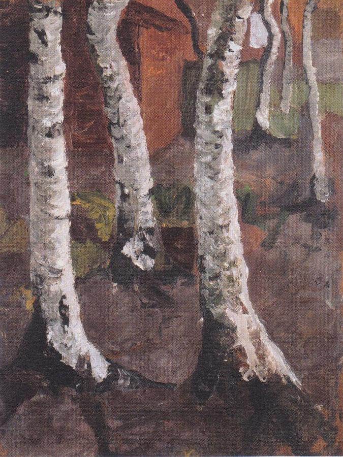 Birch Trunks Against A Red Farm By Paula Modersohn Becker Fine Art Print