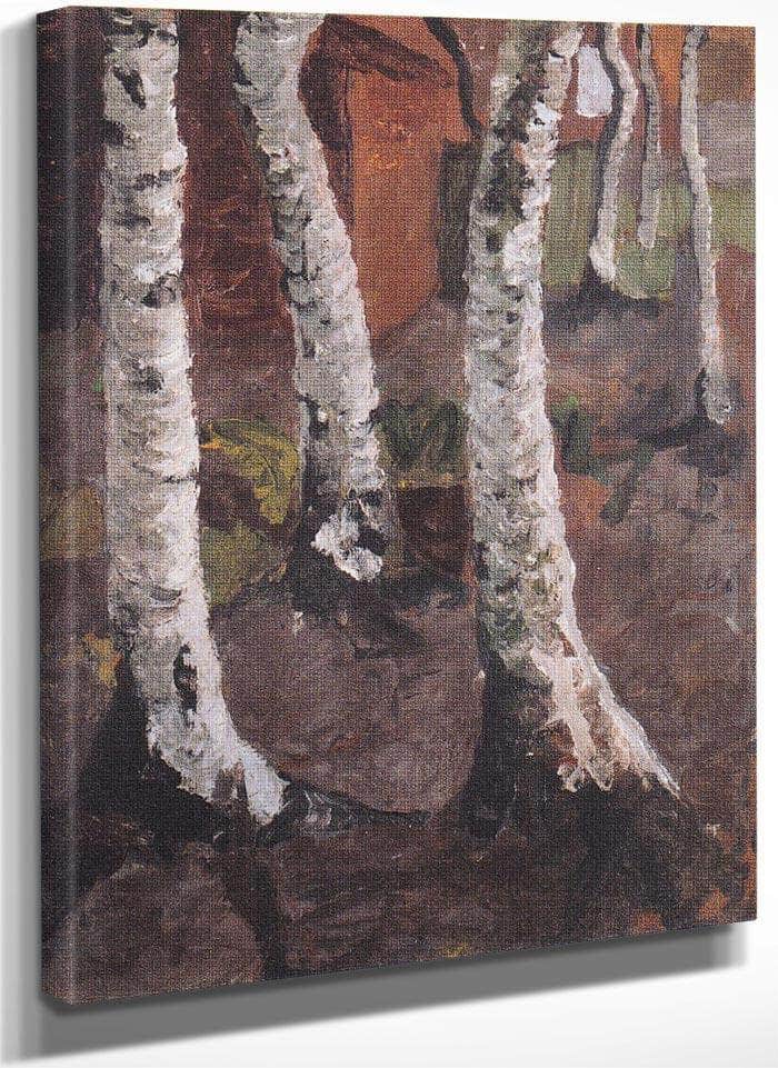 Birch Trunks Against A Red Farm By Paula Modersohn Becker Fine Art Print