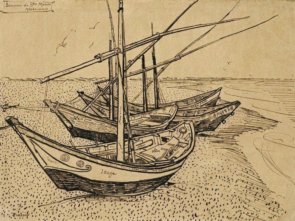 Boats On The Beach At Saintes Maries De La Mer By Vincent Van Gogh Fine Art Print