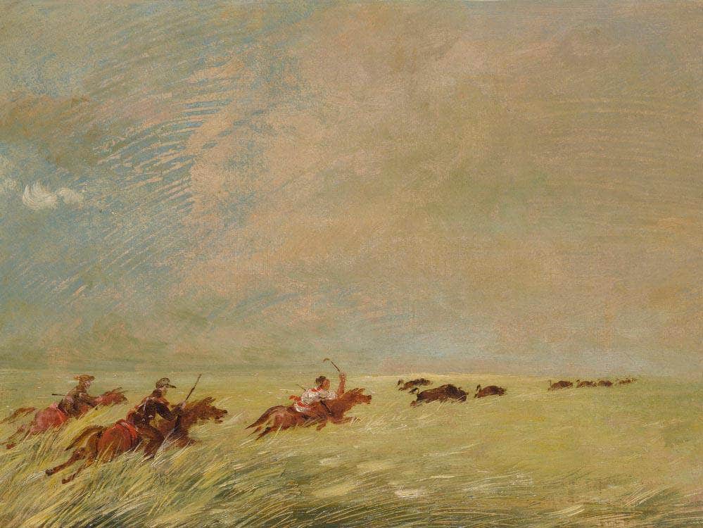 Bogard, Batiste, And I Chasing Buffalo In High Grass On A Missouri Bottom By George Catlin Fine Art Print