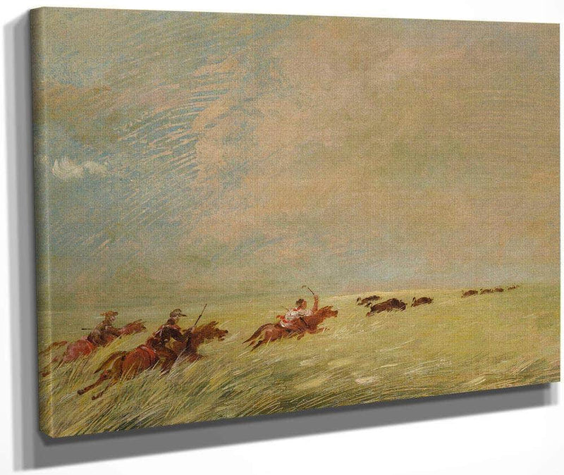 Bogard, Batiste, And I Chasing Buffalo In High Grass On A Missouri Bottom By George Catlin Fine Art Print