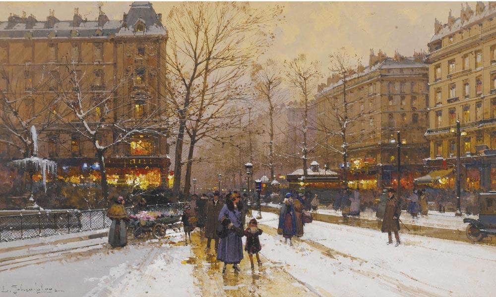 Boulevard Parisien Sous La Neige By Eugene Galien Laloue Fine Art Print