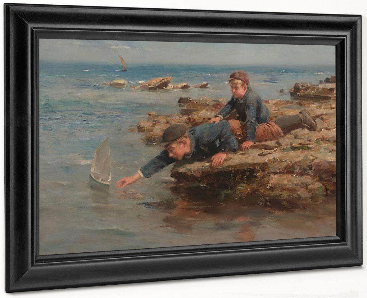 Boys Playing With Their Boat On A Rocky Shore By William Marshall Brown Fine Art Print