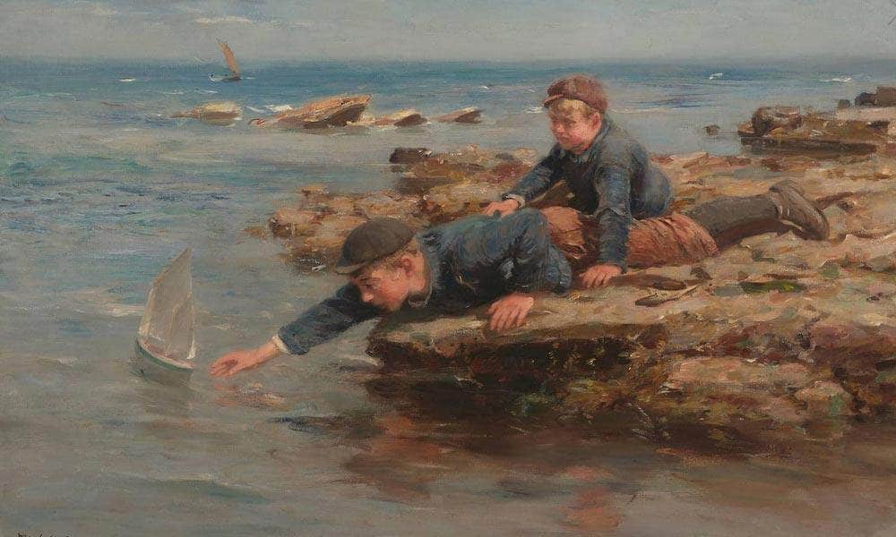 Boys Playing With Their Boat On A Rocky Shore By William Marshall Brown Fine Art Print
