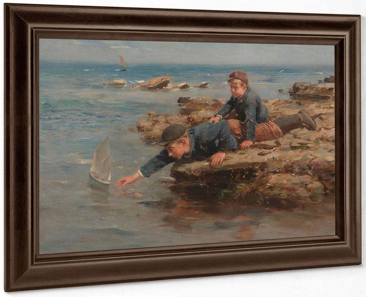 Boys Playing With Their Boat On A Rocky Shore By William Marshall Brown Fine Art Print